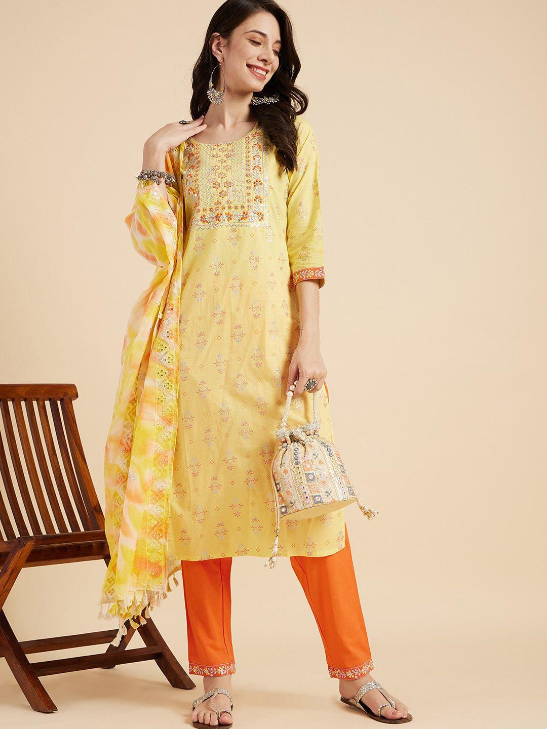 sangria floral embroidered pure cotton straight kurta with trousers & dupatta