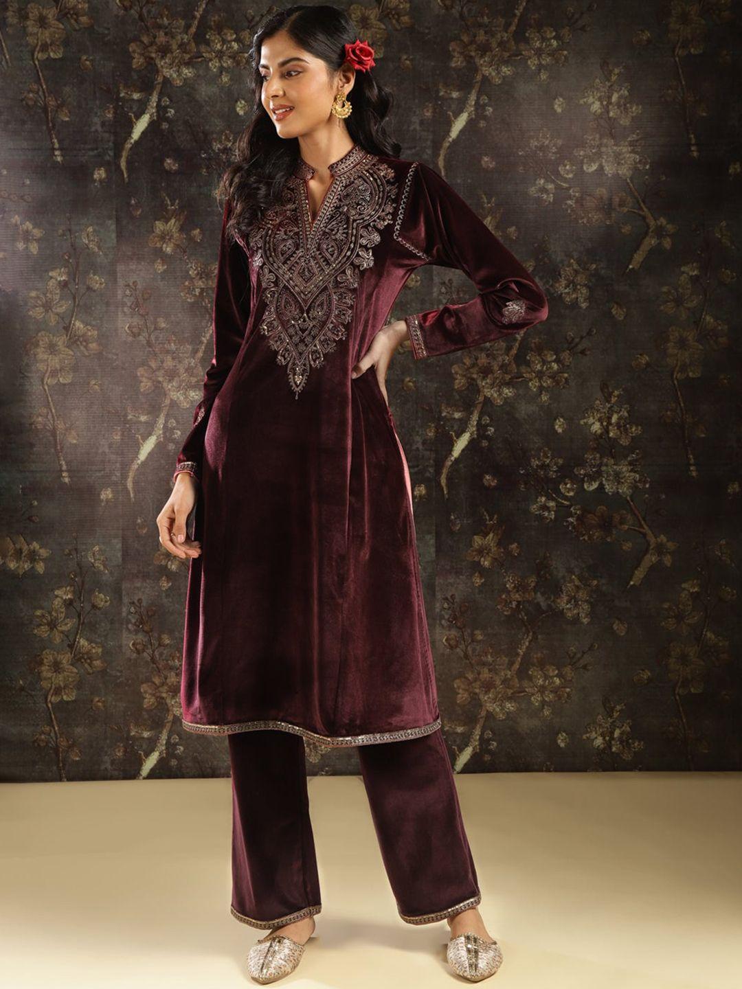 lakshita paisley yoke design mandarin collar zardozi regular kurta with trousers