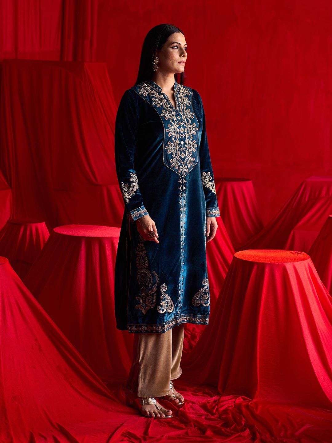 lakshita ethnic motifs embroidered velvet kurta