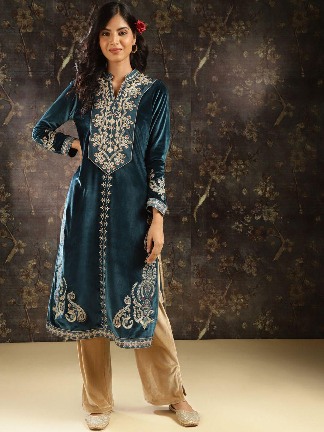 lakshita floral embroidered mandarin collar long sleeve thread work velvet kurta