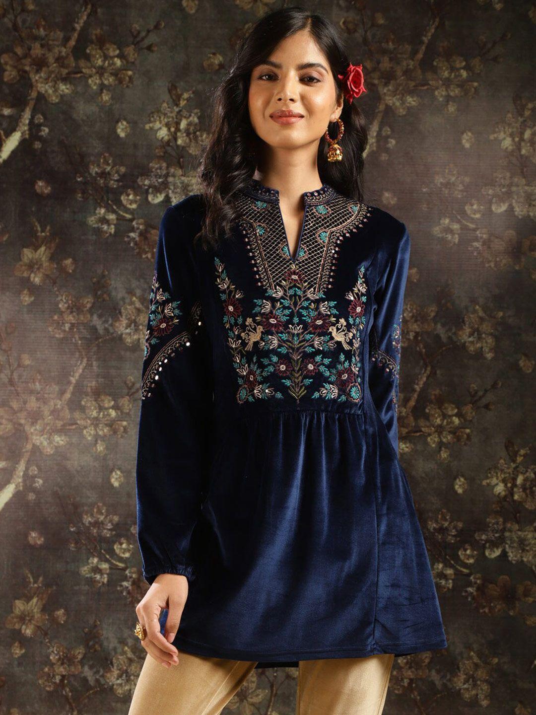 lakshita mandarin collar embroidered velvet kurti