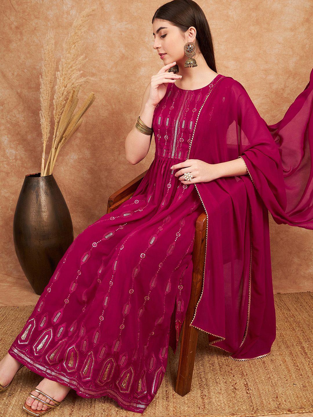 sangria pink ethnic motifs embroidered sequined straight kurta & palazzo with dupatta set