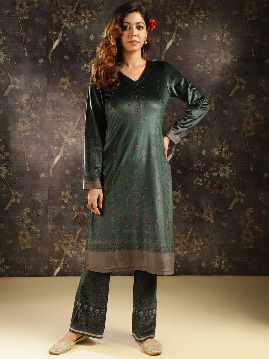 lakshita ethnic motifs printed beads and stones detail velvet straight kurta with trousers