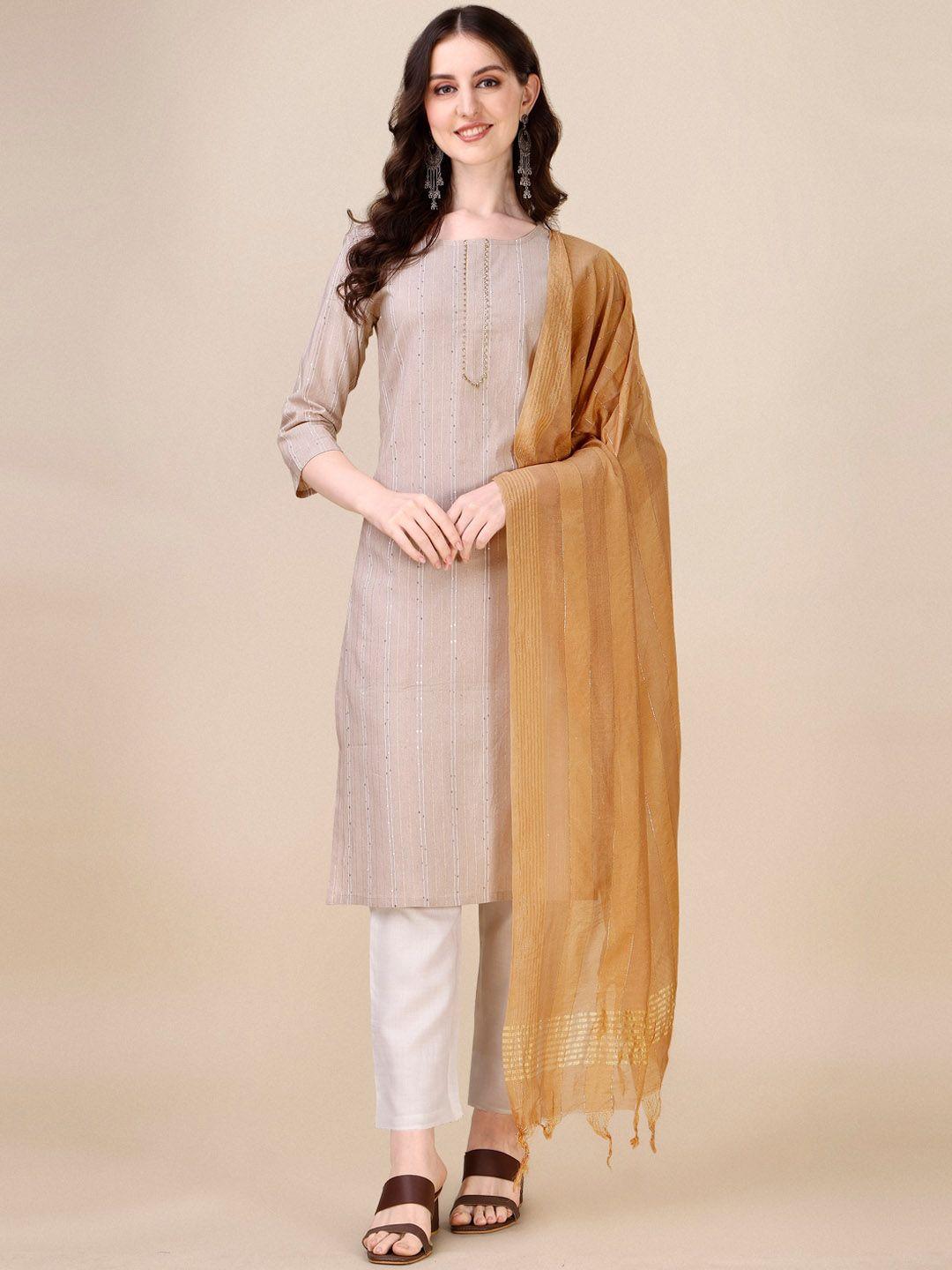 fashion basket striped sequinned detail straight kurta & trousers with dupatta