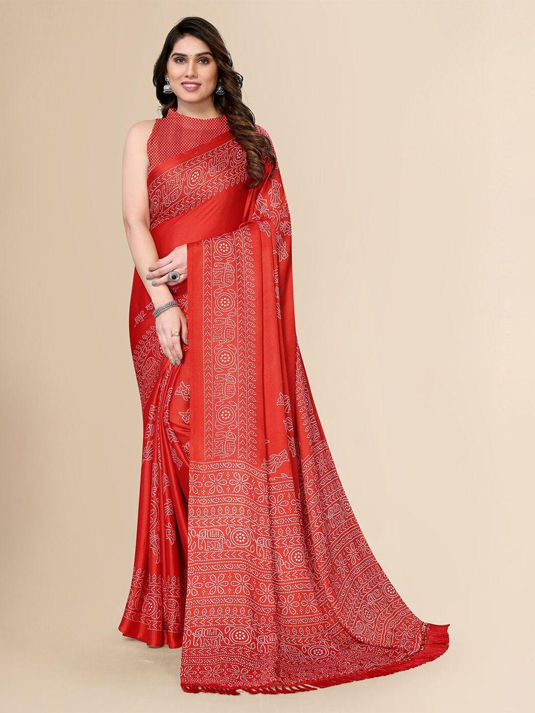 fabmora red & white ethnic motifs pure chiffon saree