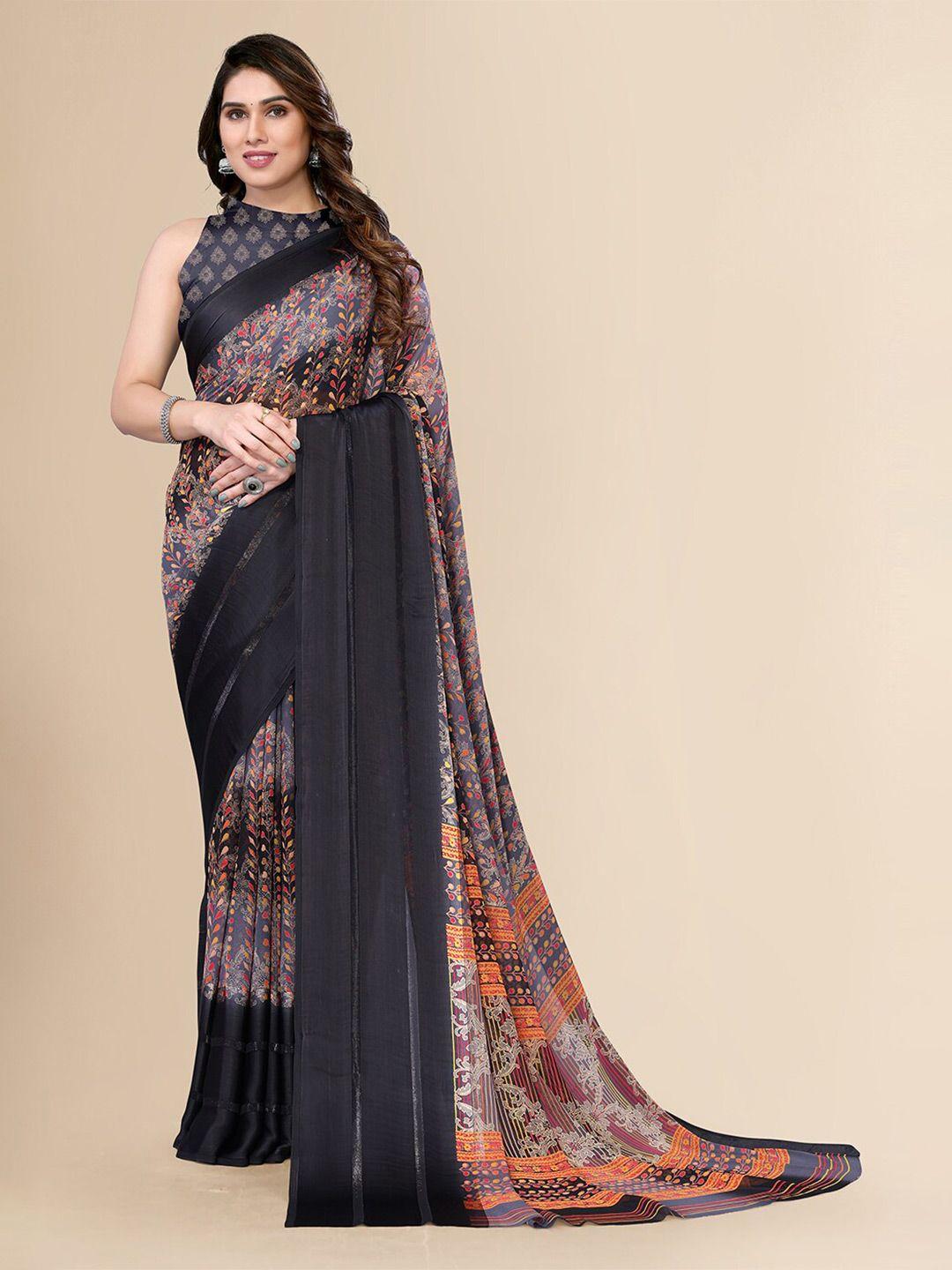 fabmora black & grey floral pure chiffon saree