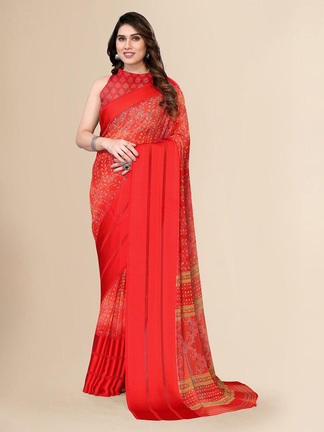 fabmora red & gold-toned ethnic motifs pure chiffon saree