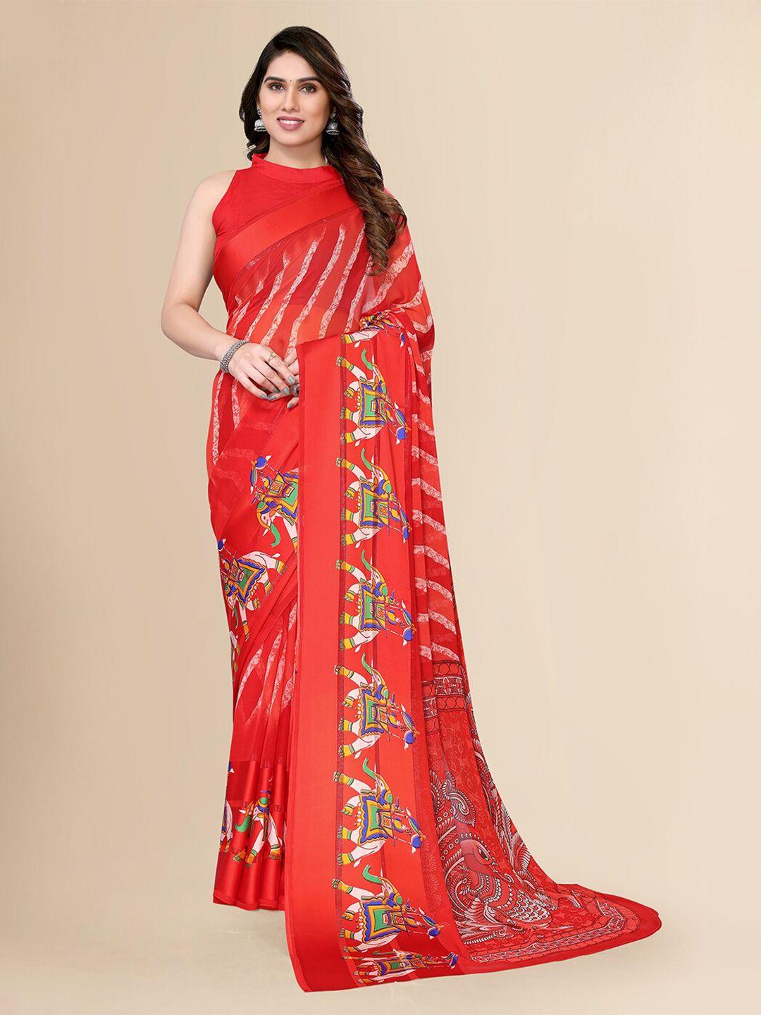 fabmora red & white ethnic motifs pure chiffon saree