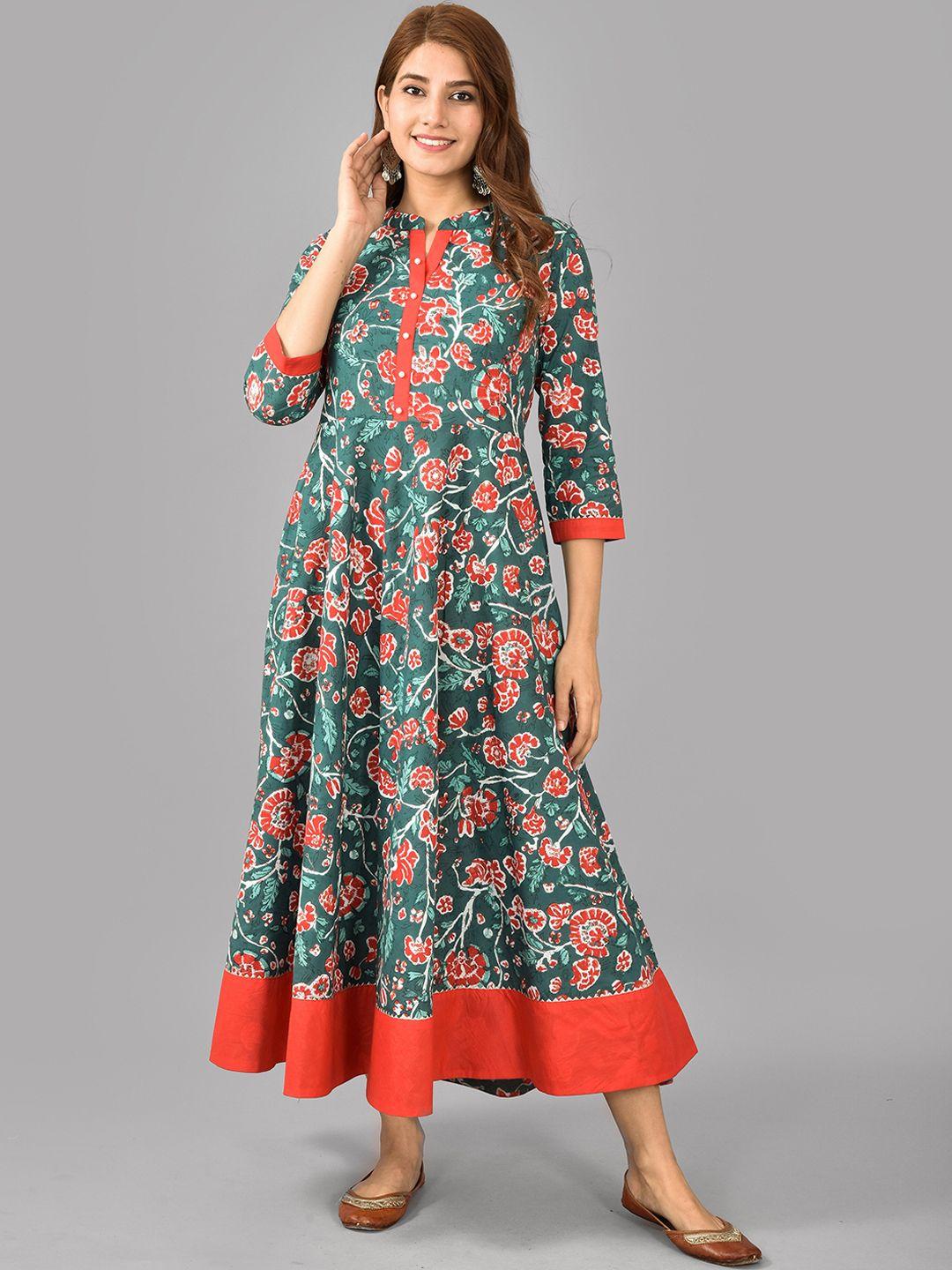 aayumi floral printed mandarin collar cotton maxi ethnic dress