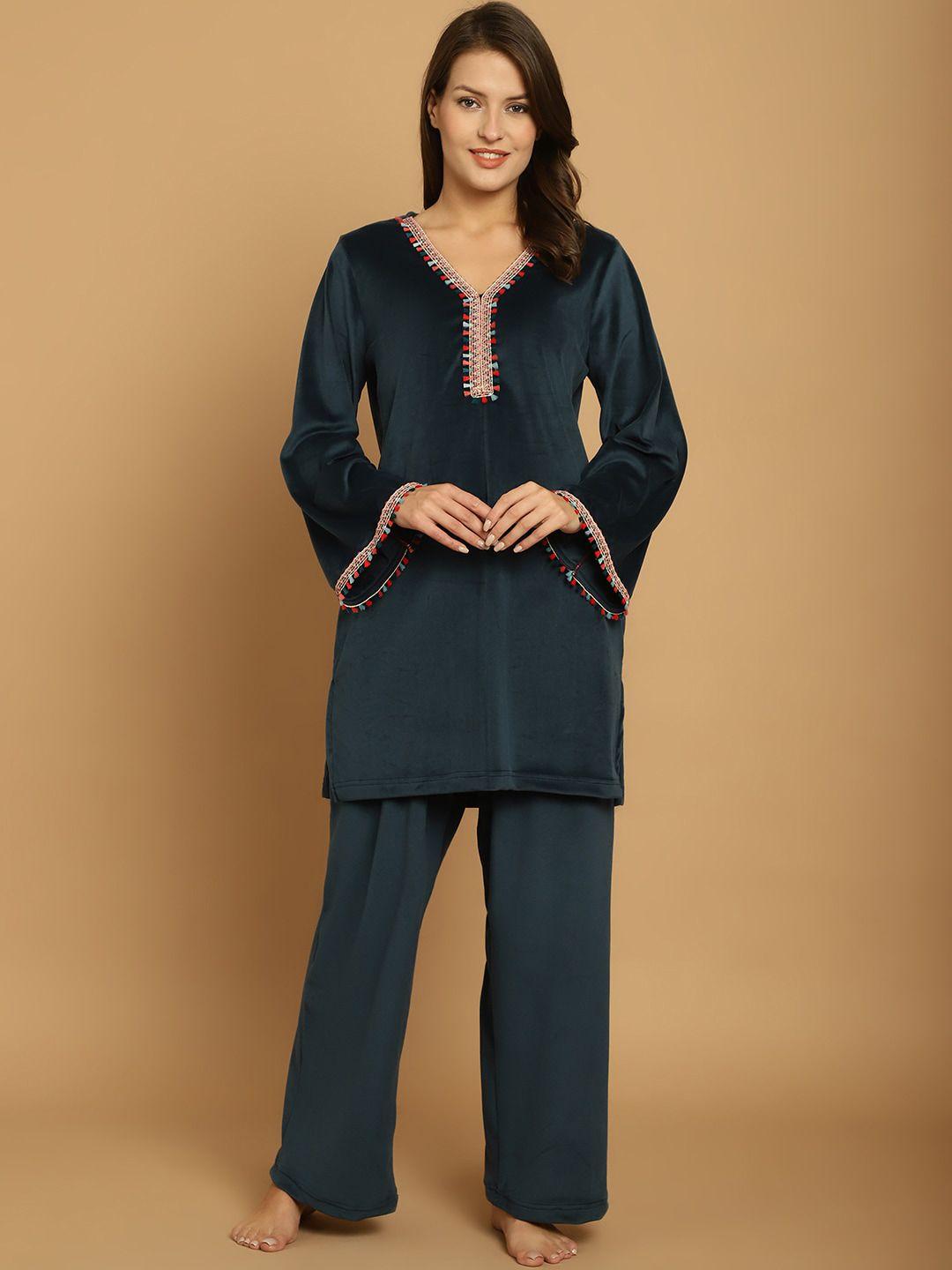 secret wish embellished v neck flared sleeve night suit