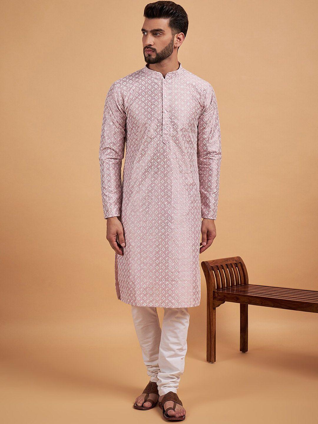 inddus pink ethnic motif embroidered chikankari straight kurta