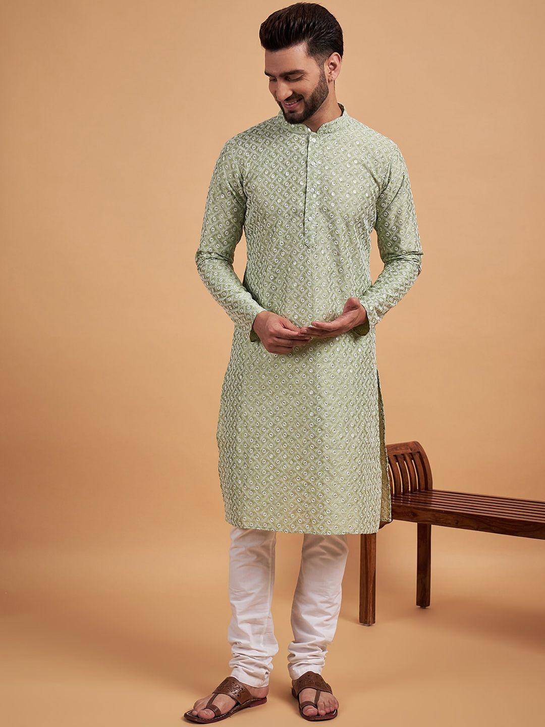 inddus green ethnic motif embroidered chikankari straight kurta