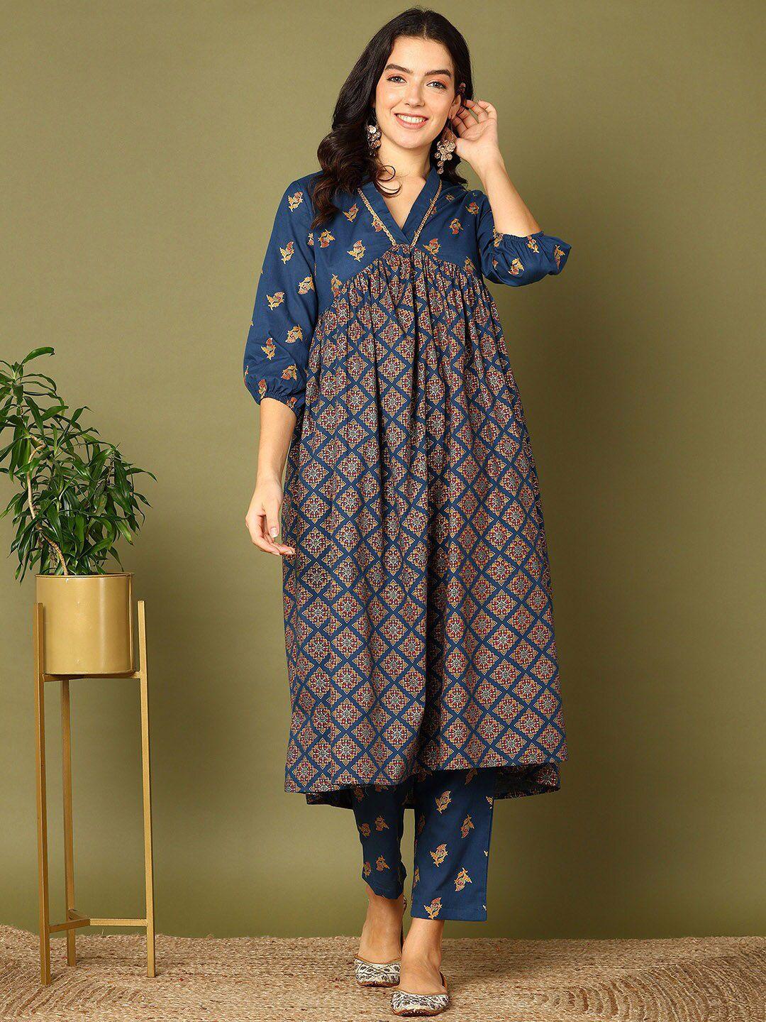 here&now navy blue ethnic motifs printed empire pure cotton kurta with trousers