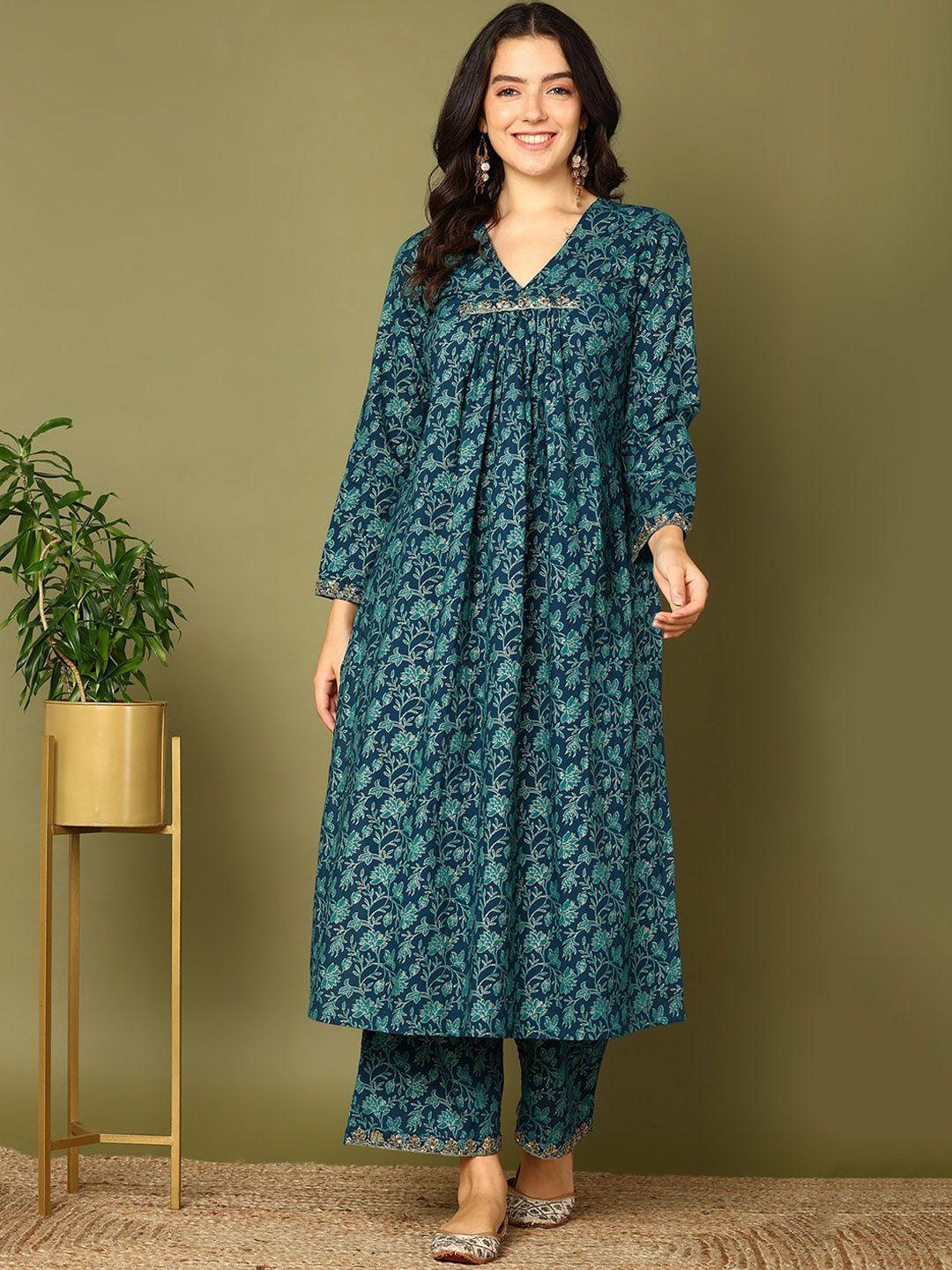 here&now navy blue floral printed empire beads & stones pure cotton kurta with palazzos