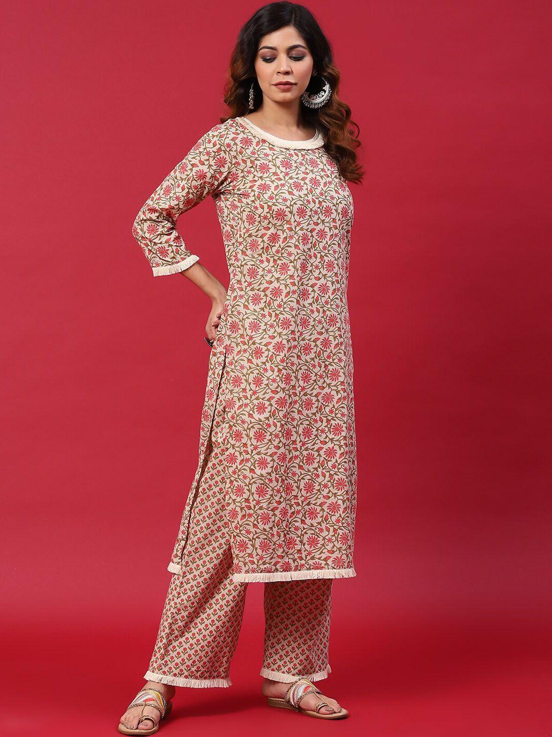 anouk red floral printed pure cotton straight kurta & trousers with dupatta