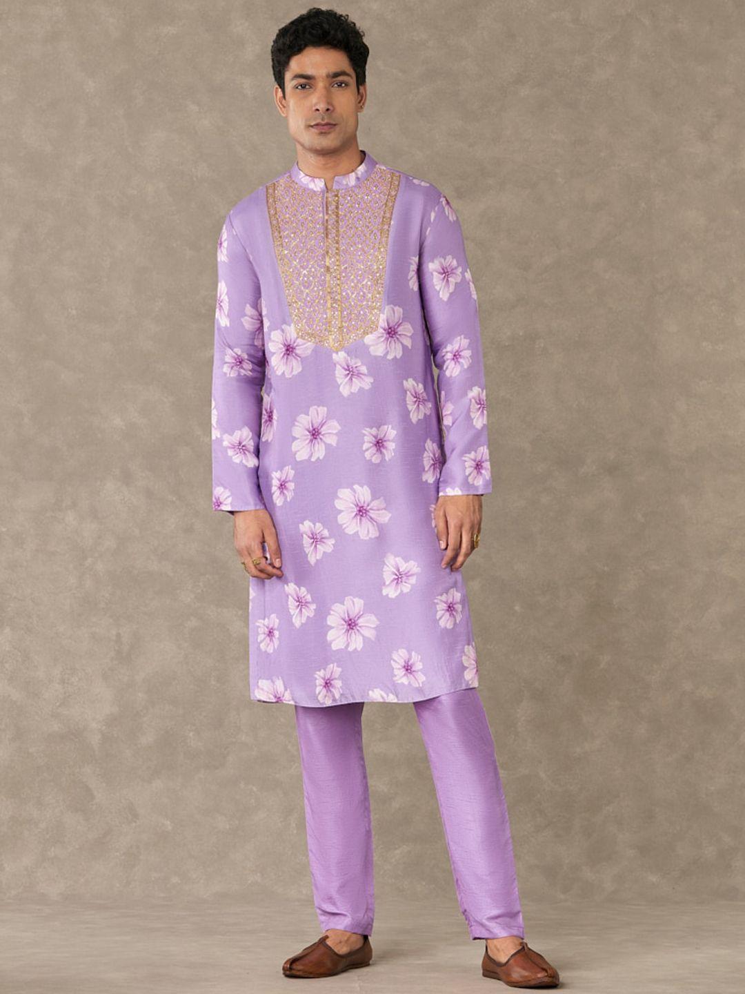 masaba floral printed mandarin collar thread work kurta with trousers