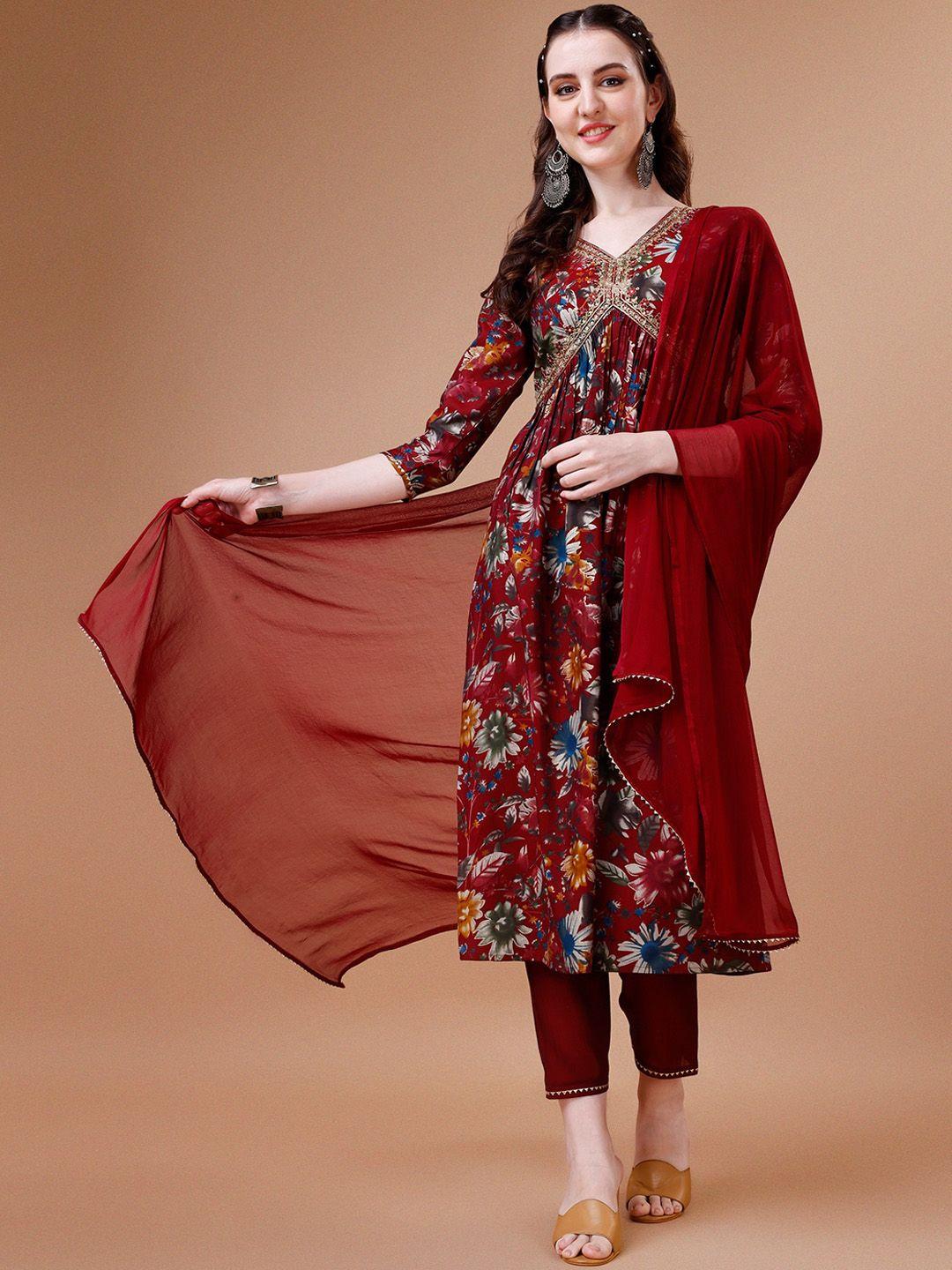 kalini floral printed empire anarkali kurta & trousers with dupatta