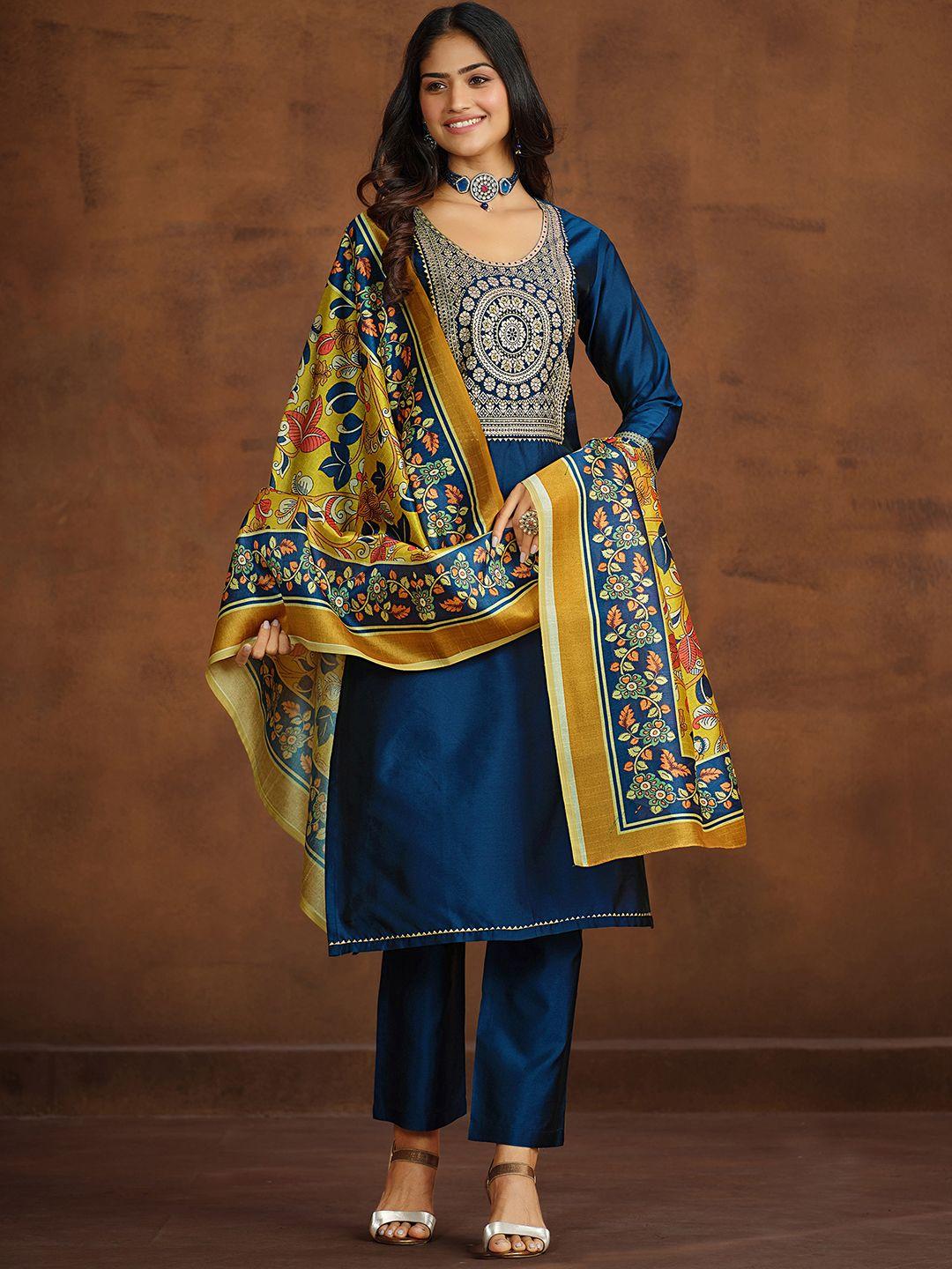 sangria blue floral printed gotta patti straight kurta with trouser & dupatta