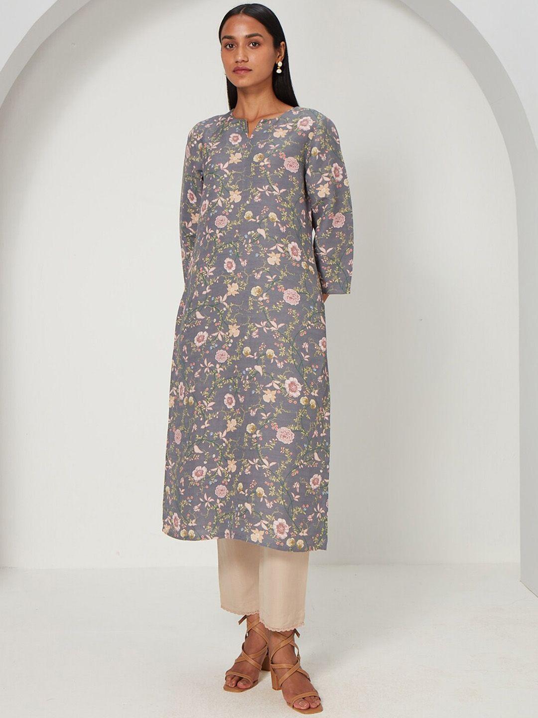 ancestry floral printed linen straight kurta