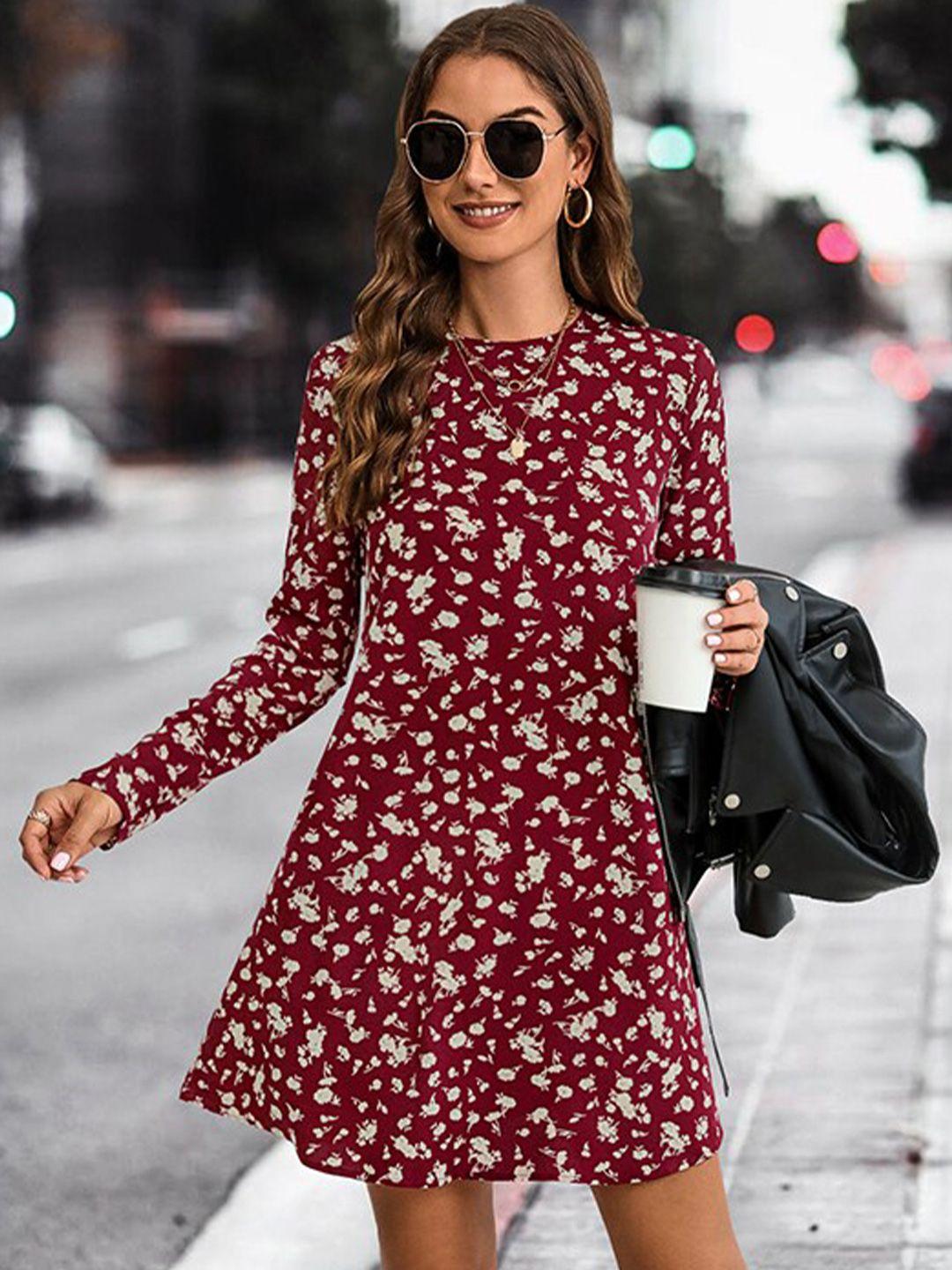 stylecast maroon & white conversational printed a-line dress