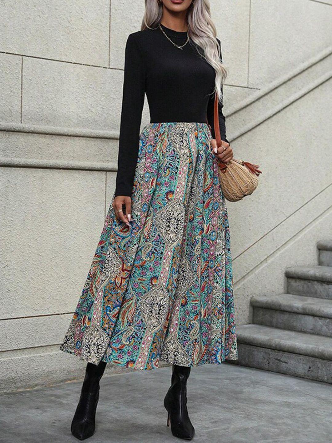 stylecast black ethnic motifs printed a-line midi dress