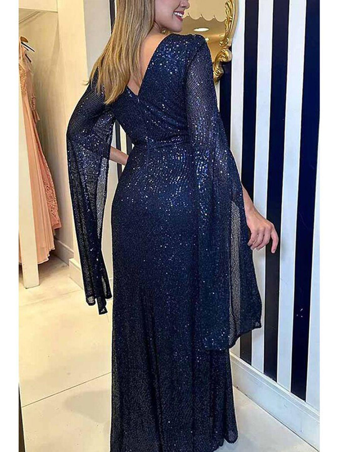 stylecast blue embellished sequinned slit sleeves maxi dress