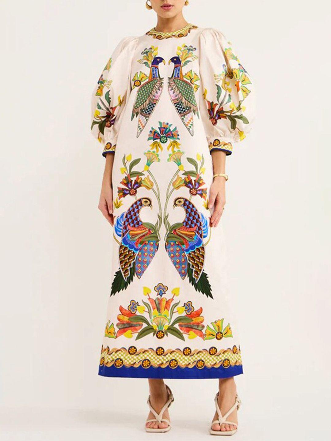 stylecast white ethnic motifs printed puffed sleeves a-line midi dress