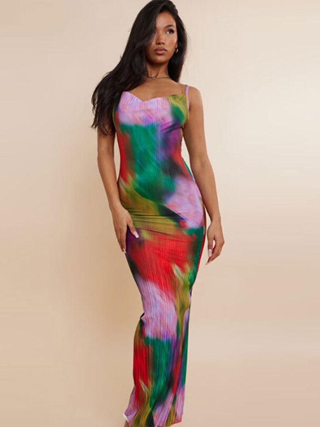 stylecast purple, green & red abstract printed shoulder straps maxi dress