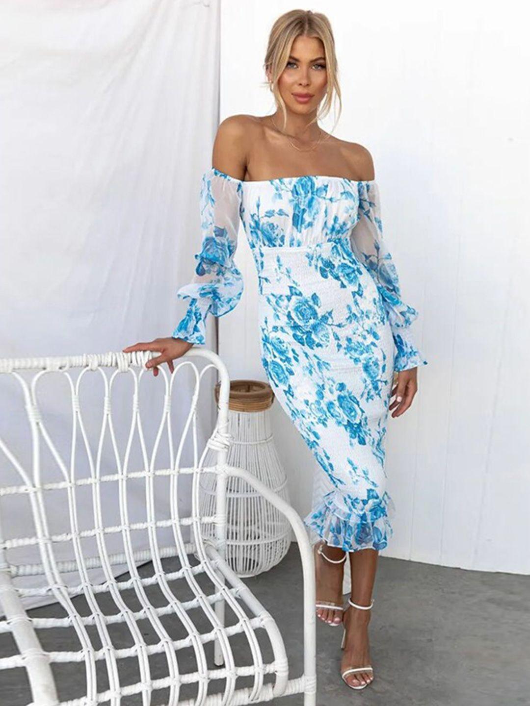 stylecast blue & white printed off-shoulder puff sleeves smocked gathered sheath dress