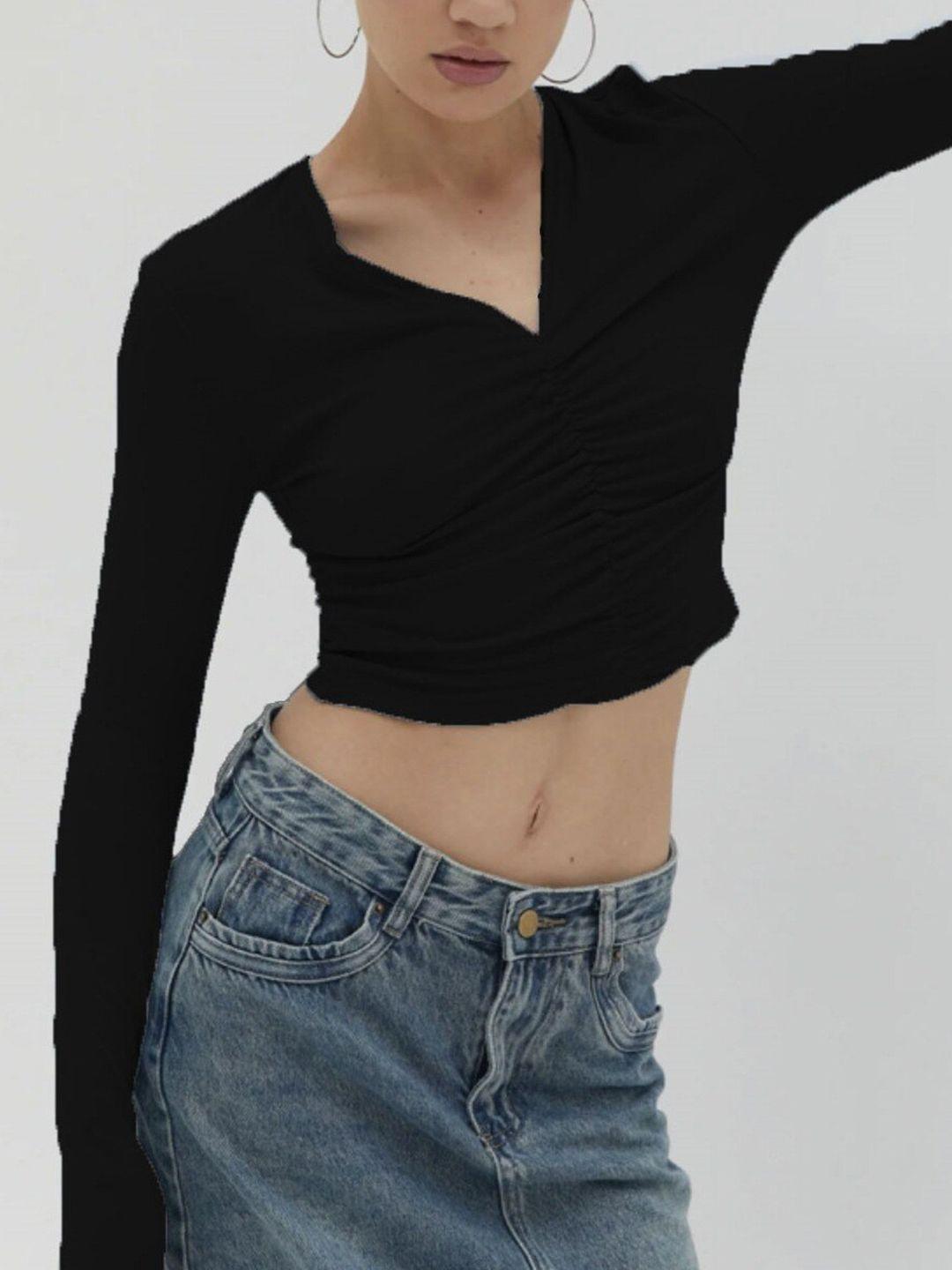 stylecast black v-neck gathered crepe crop top