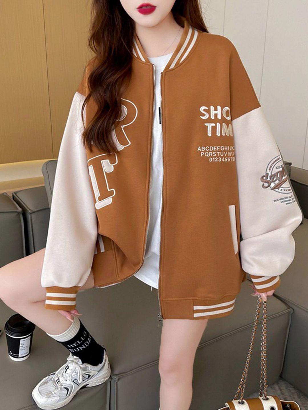 stylecast khaki dry fit typography printed cotton mock collar varsity jacket