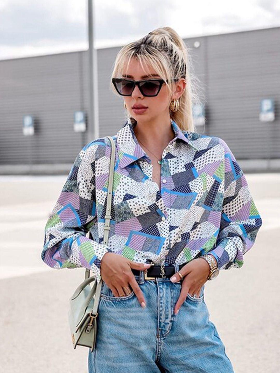 stylecast blue regular fit abstract printed spread collar casual shirt