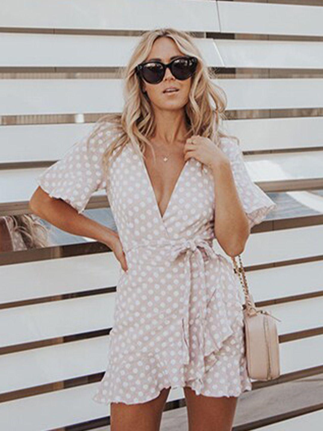 stylecast pink polka dots printed tie ups wrap dress