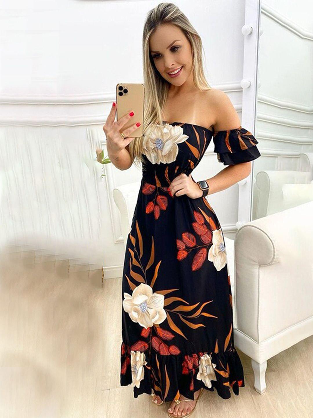 stylecast black floral printed off-shoulder flutter sleeves maxi dress