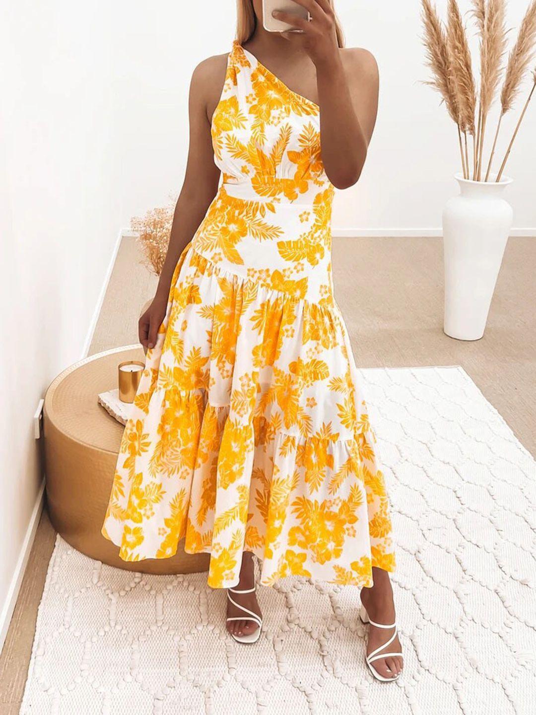 stylecast yellow floral printed one shoulder fit & flare midi dress