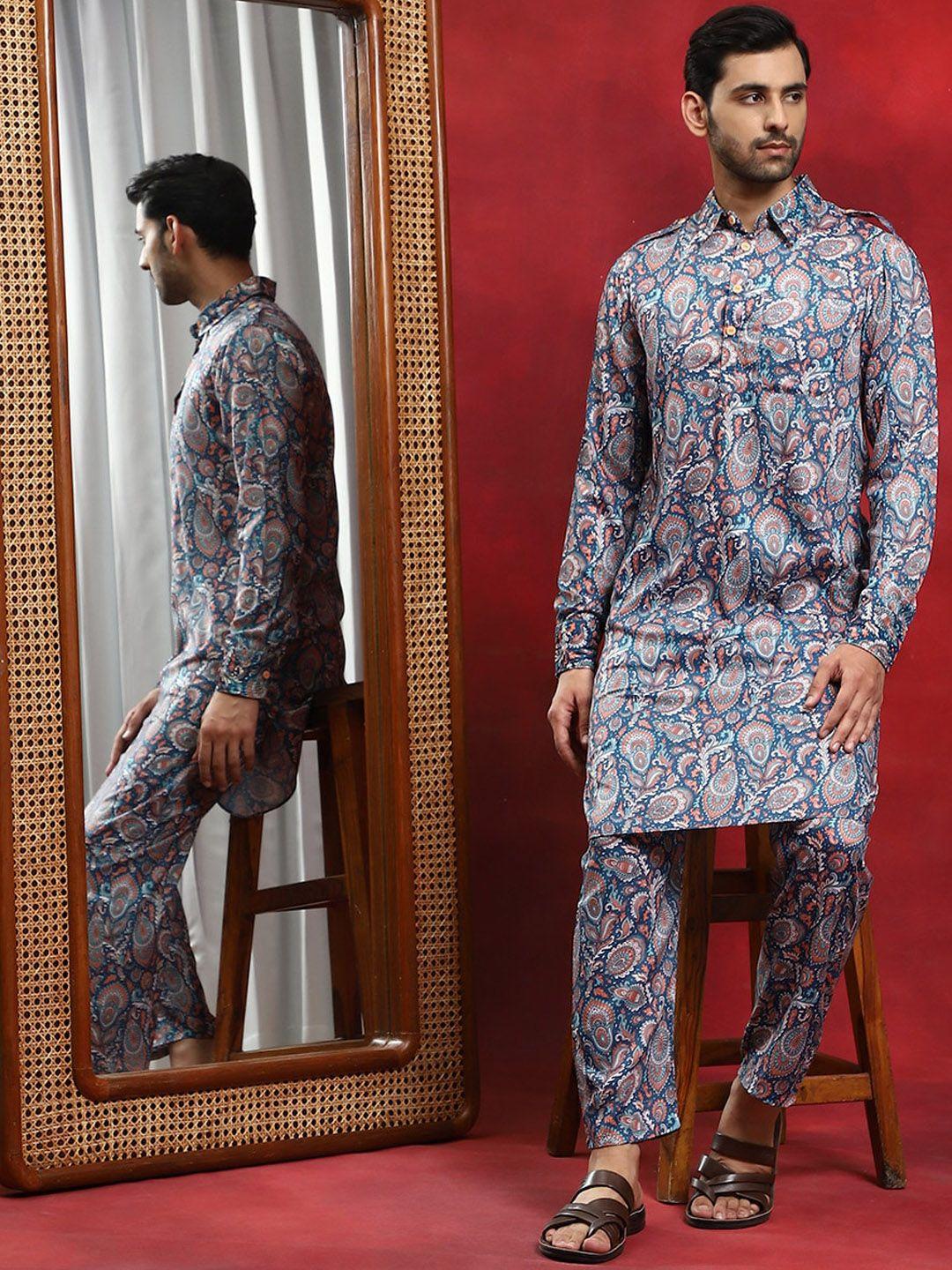 aks ethnic motifs printed pathani kurta with pyjamas