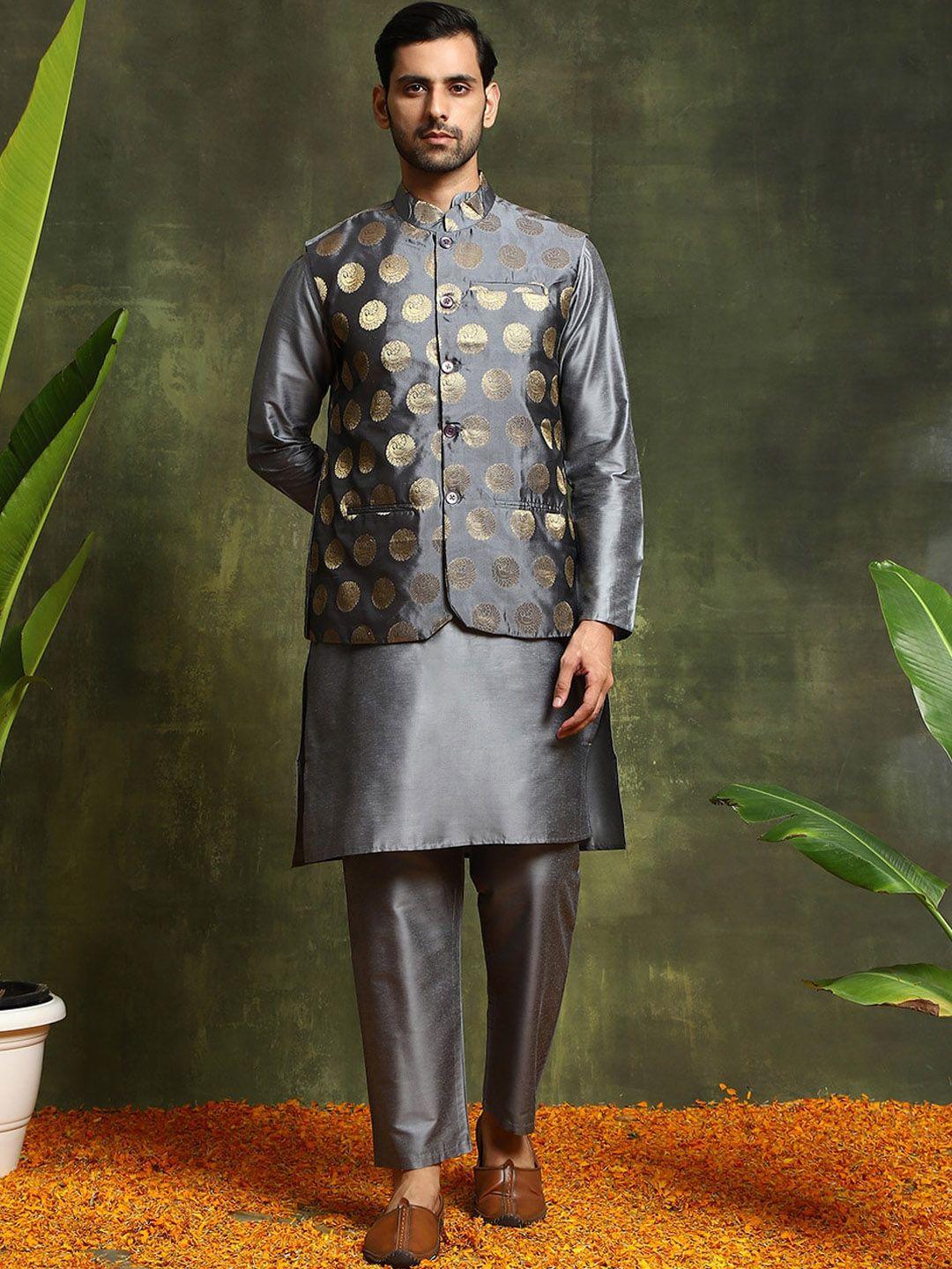 aks mandarin collar kurta with pyjamas & nehru jacket