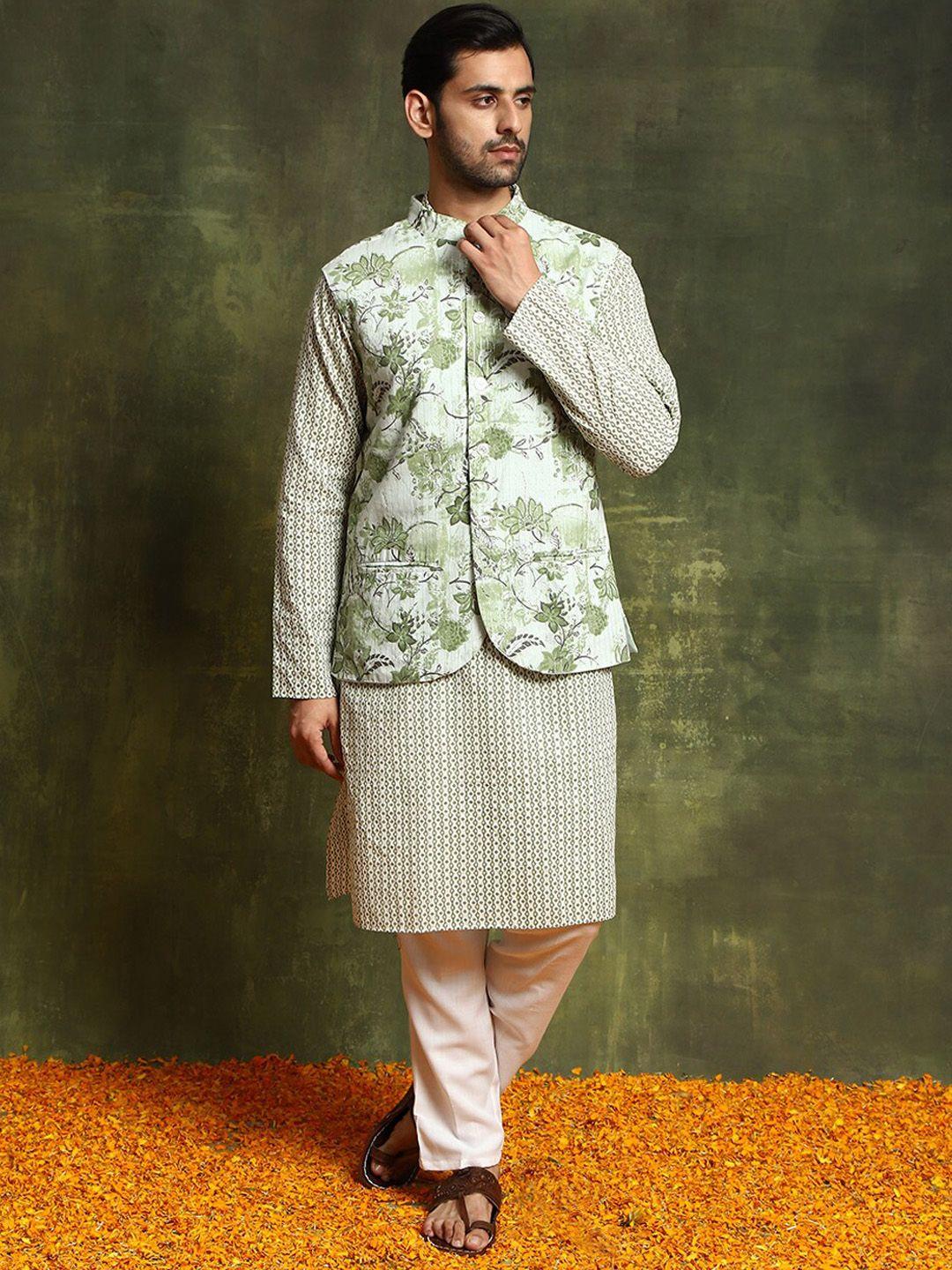 aks ethnic motifs printed cotton kurta with nehru jacket