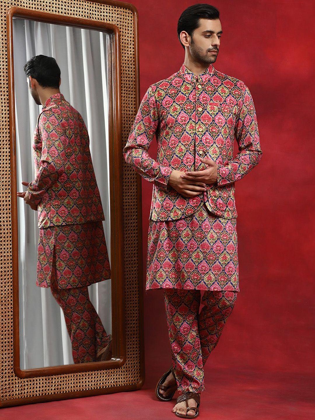 aks ethnic motifs printed mandarin collar kurta with pyjamas & nehru jacket