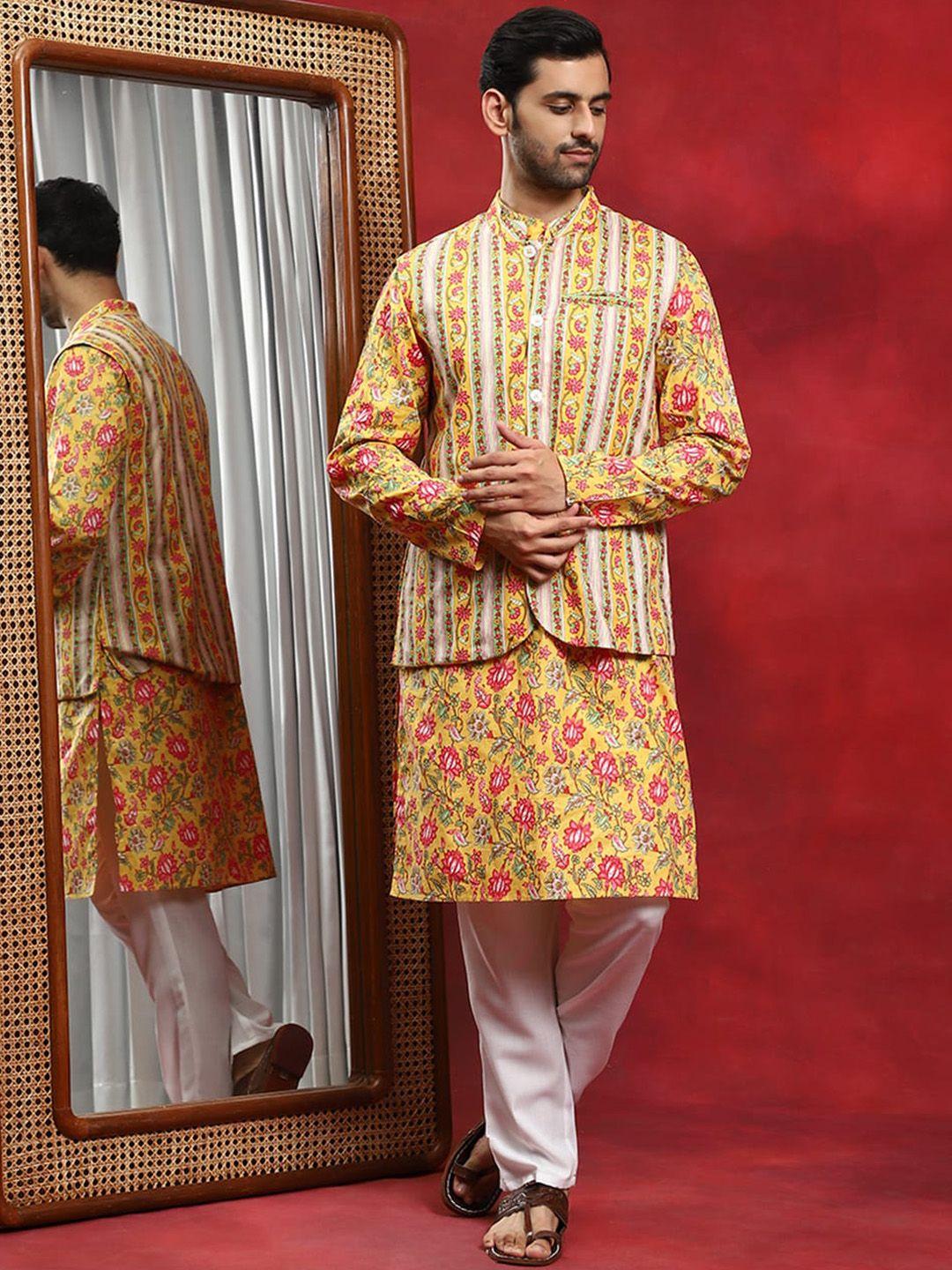 aks ethnic motifs printed pure cotton kurta with nehru jacket