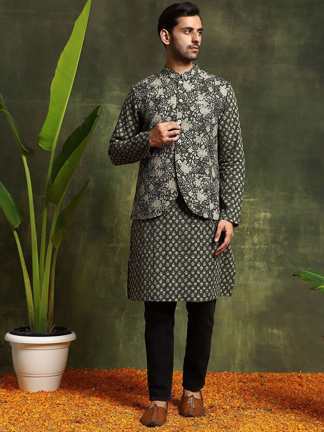 aks floral printed kantha work pure cotton kurta with nehru jacket