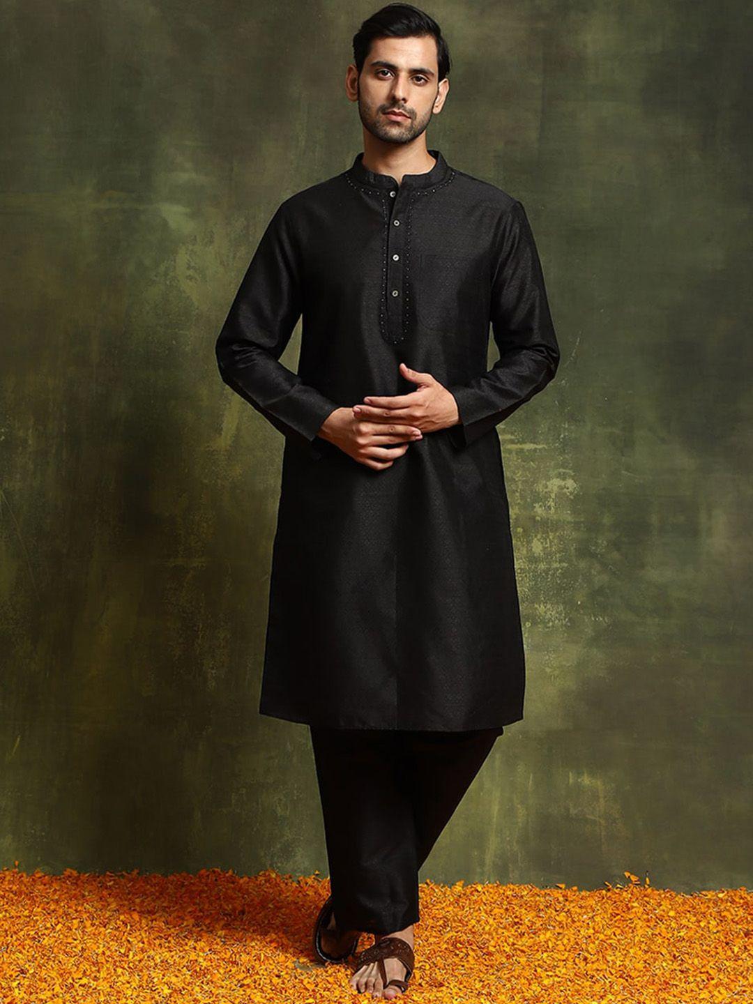 aks ethnic motifs woven design band collar kurta with pyjamas