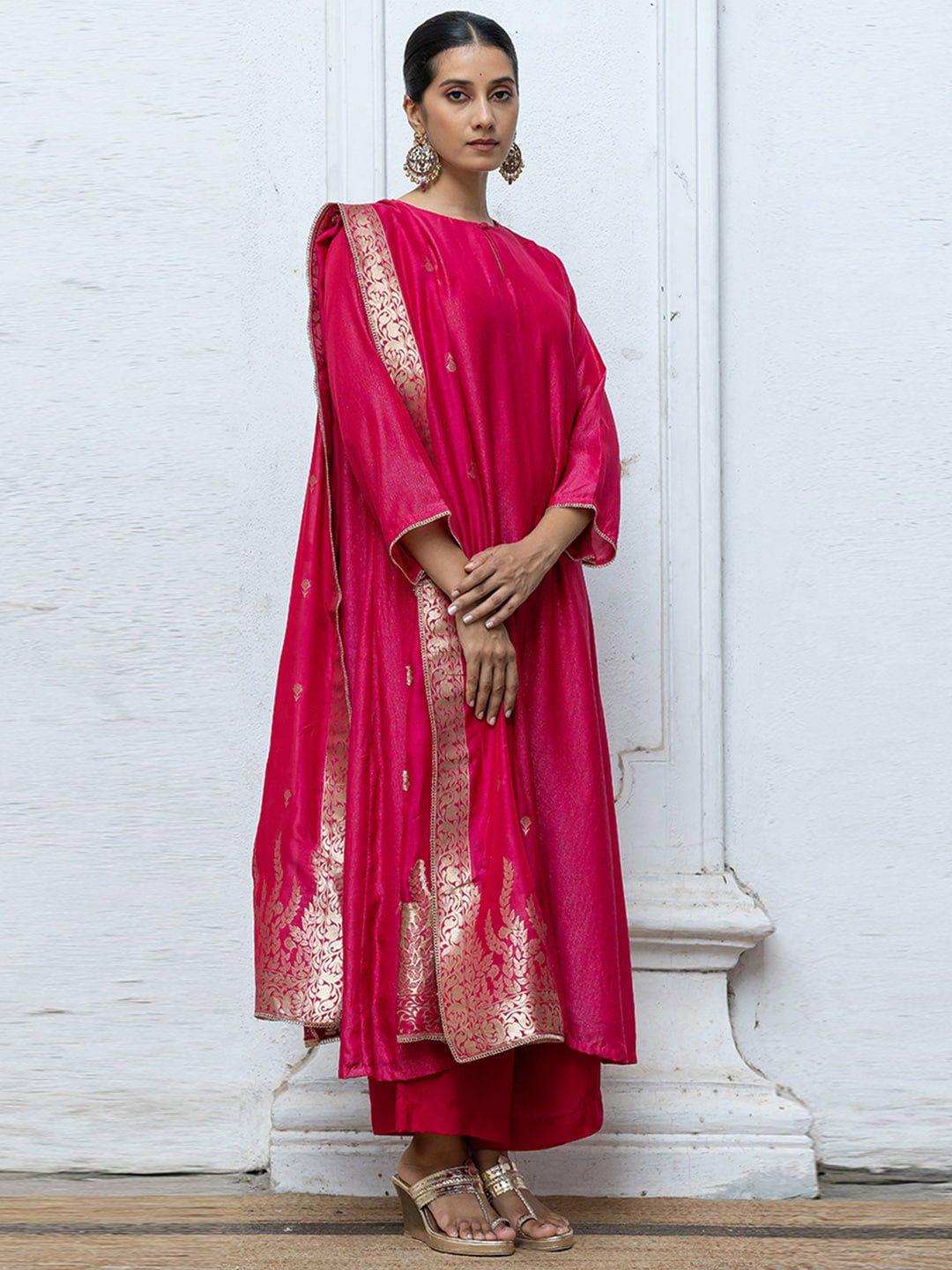 ganga keyhole neck raw silk a-line kurta with palazzos &  dupatta