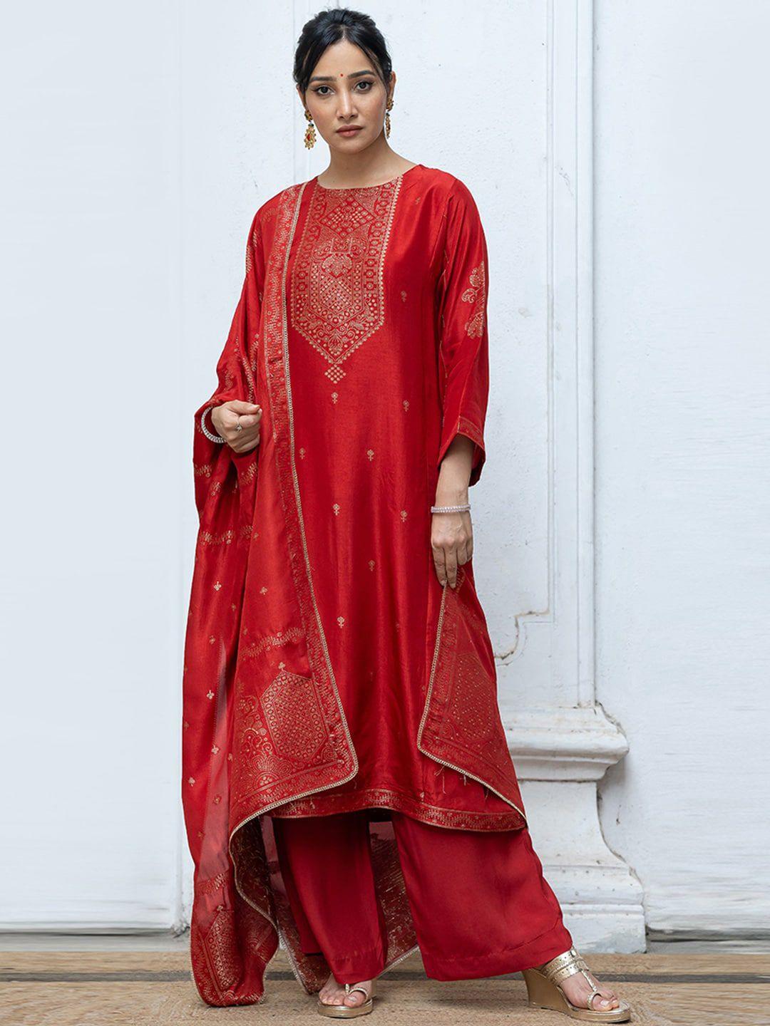 ganga ethnic motifs woven design raw silk a-line kurta with palazzos & dupatta