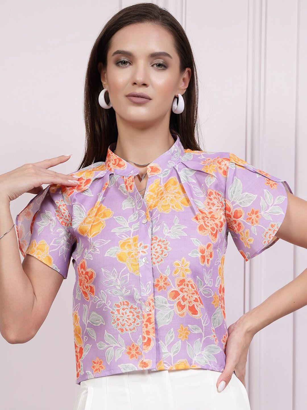 athena floral printed mandarin collar flared sleeves linen shirt style top