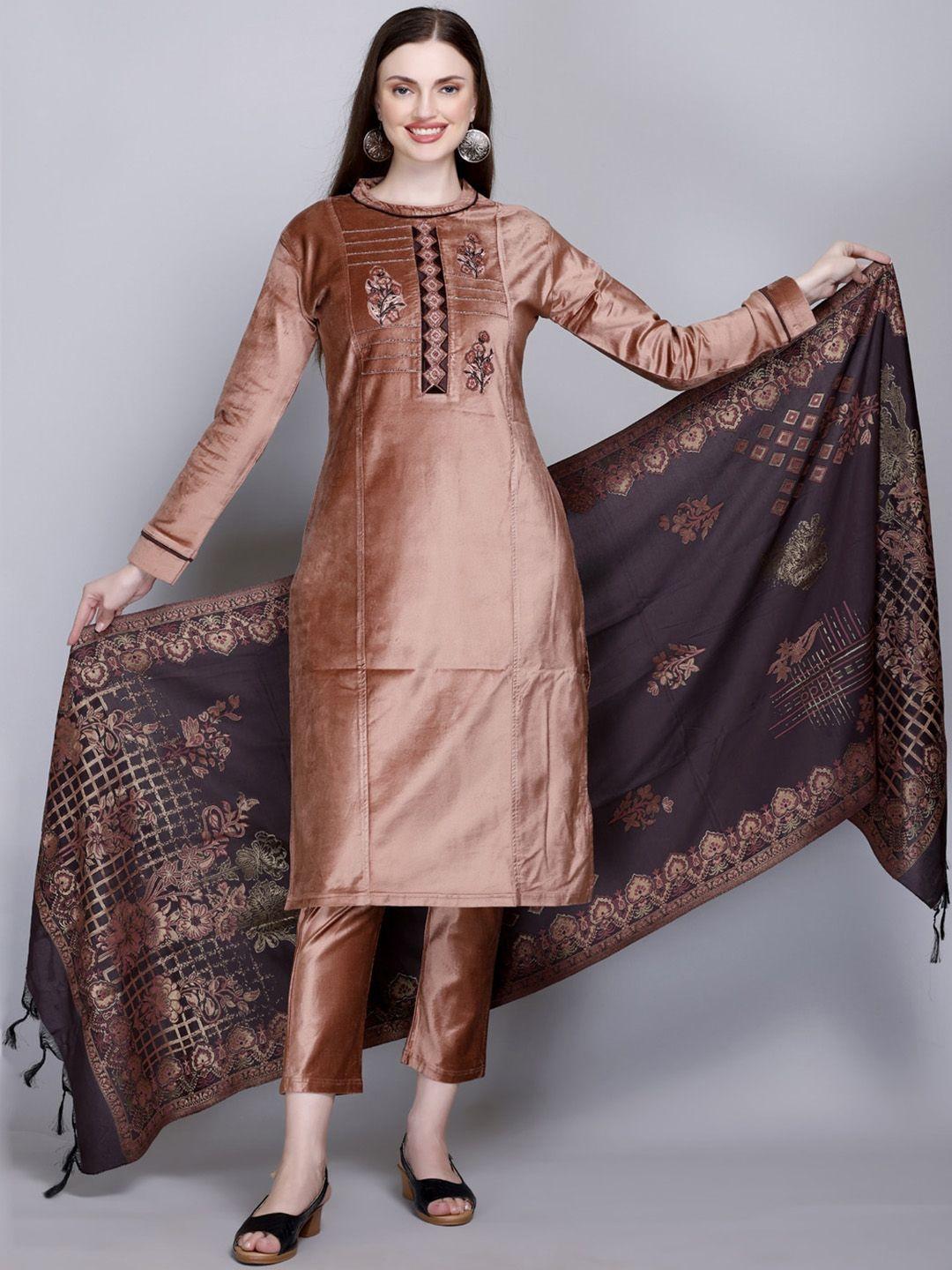 velvtine ethnic motifs yoke design thread work pure wool kurta with trousers & dupatta