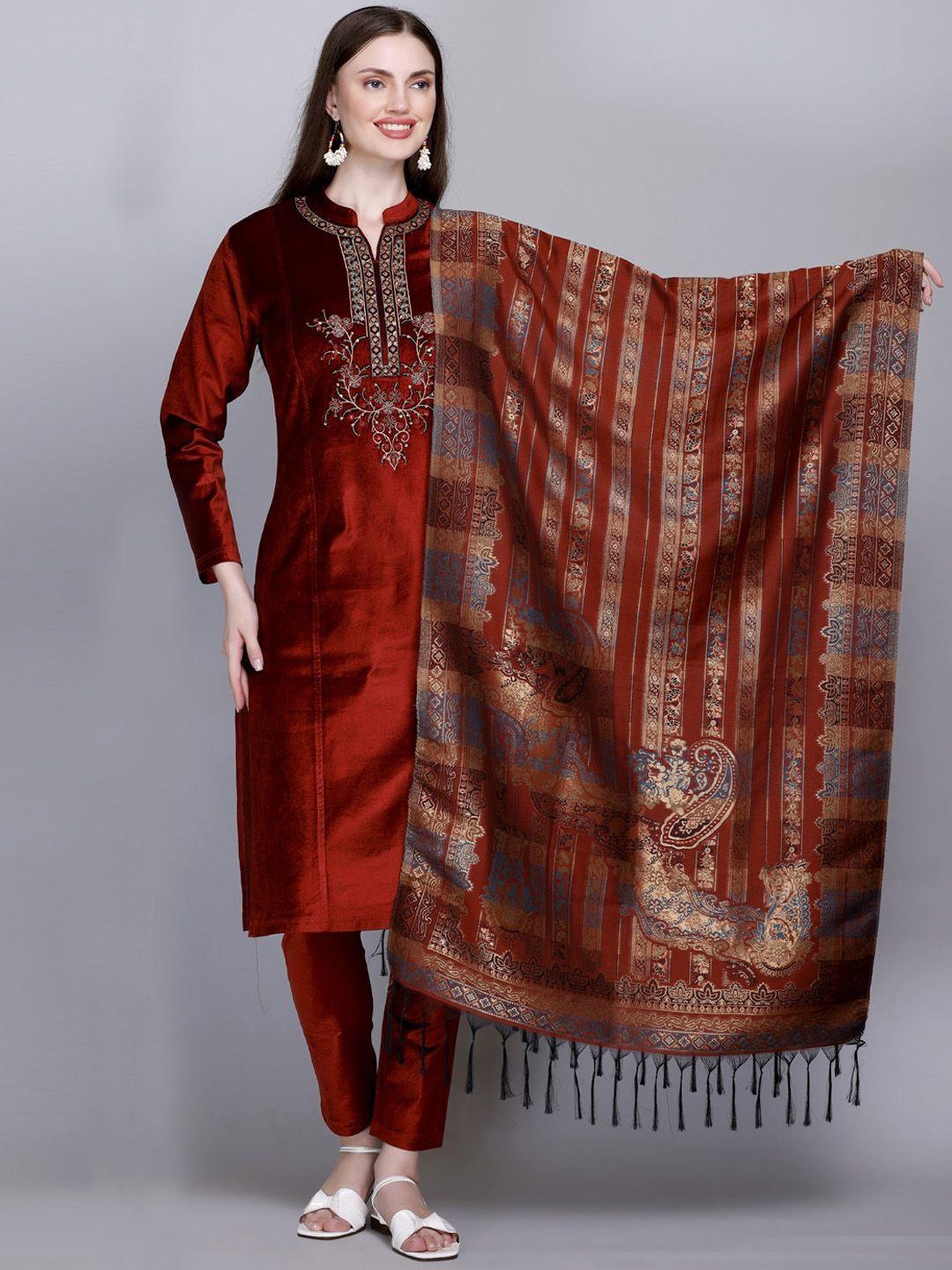 velvtine ethnic motifs yoke design pure wool kurta with trousers & dupatta