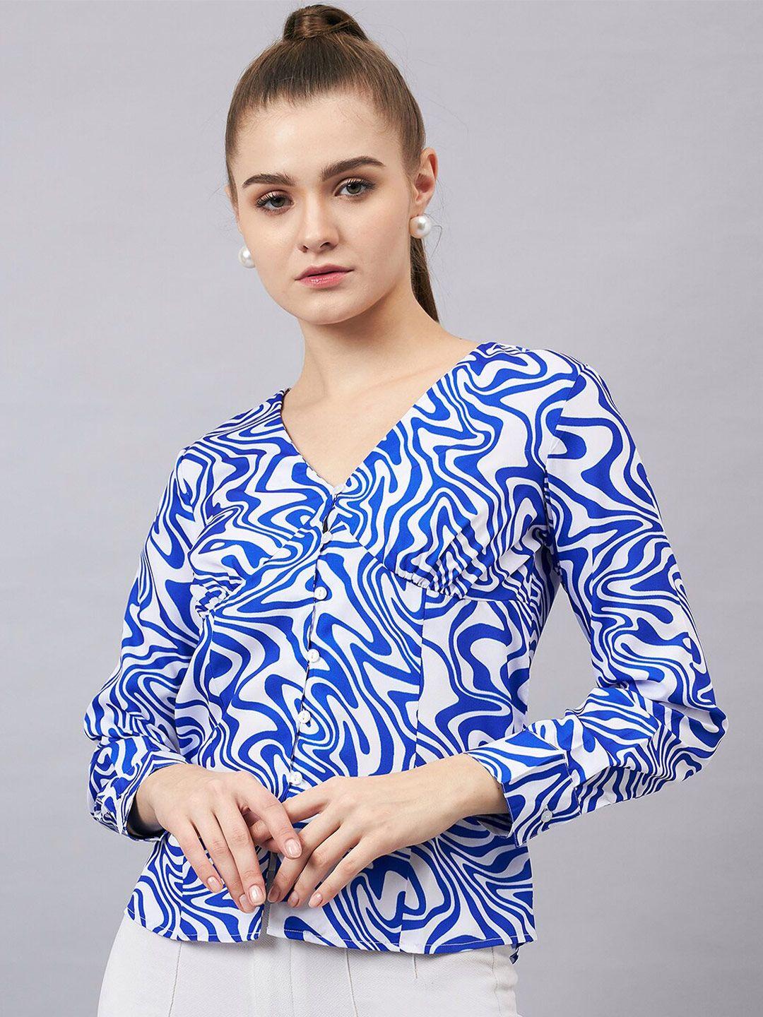 chemistry abstract printed v-neck cuffed sleeves crepe top