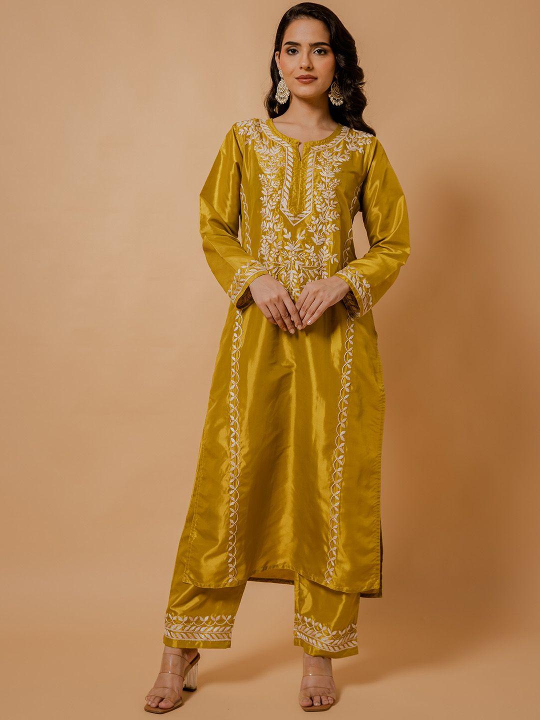 house of kari floral embroidered silk chikankari kurta