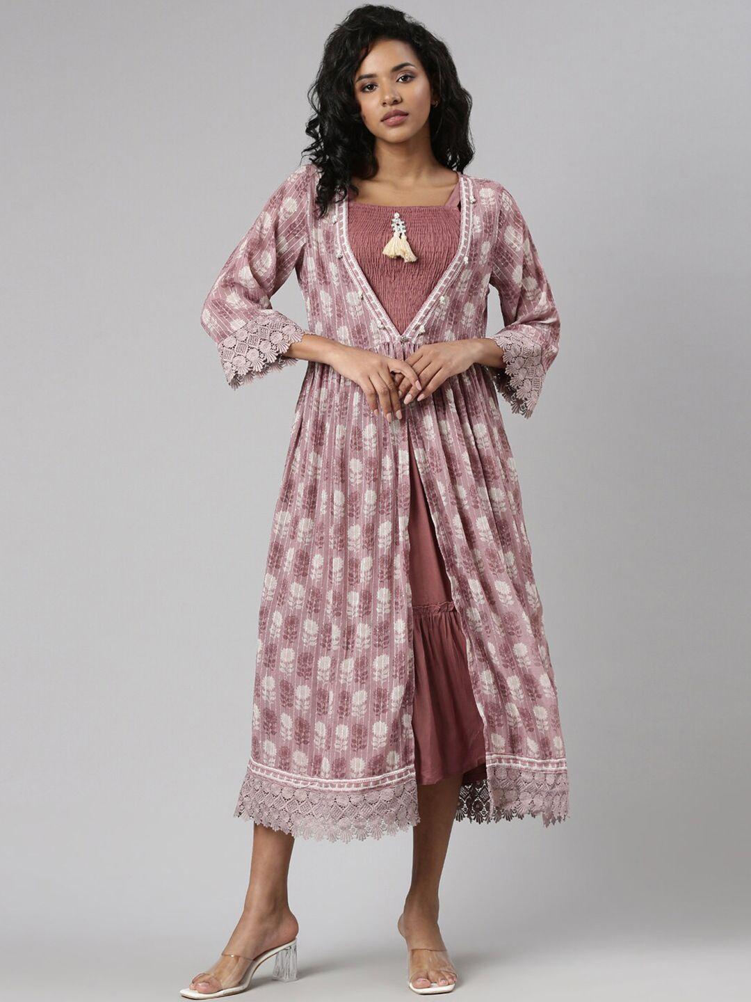 showoff floral printed shoulder straps smocked fit and flare midi dress with coat